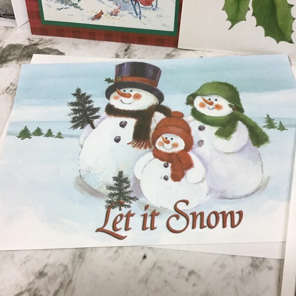 Vintage Holiday Christmas Cards Assorted Lot Of 5 Snowmen Sled Holly Berries